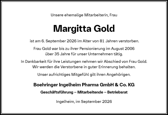 Traueranzeige von Margitta Gold von Allgemeine Zeitung Rheinhessen-Nahe