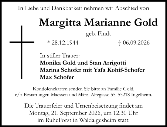 Traueranzeige von Margitta Marianne Gold von Allgemeine Zeitung Rheinhessen-Nahe