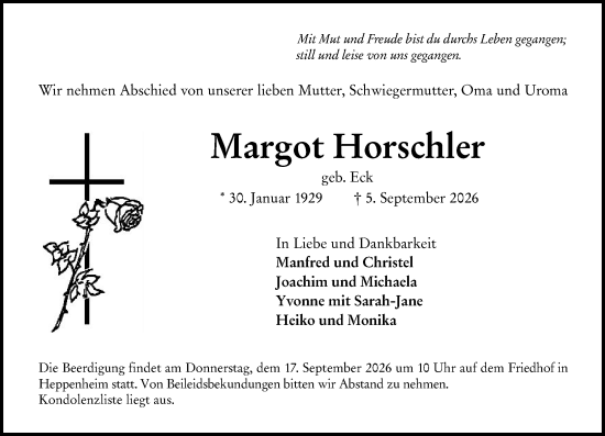 Traueranzeige von Margot Horschler von Starkenburger Echo