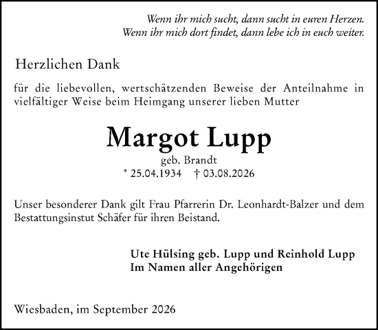Traueranzeige von Margot Lupp von Wiesbadener Kurier