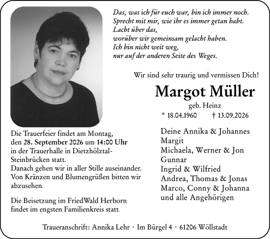 Traueranzeige von Margot Müller von Dill Block