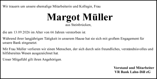 Traueranzeige von Margot Müller von Dill Block