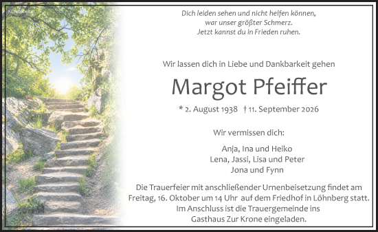 Traueranzeige von Margot Pfeiffer von Weilburger Tageblatt