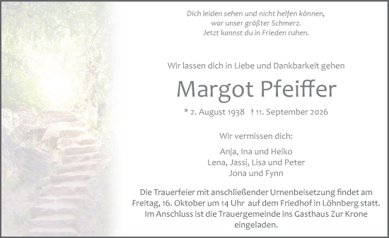 Traueranzeige von Margot Pfeiffer von Weilburger Tageblatt