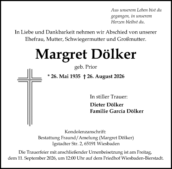 Traueranzeige von Margret Dölker von Wiesbadener Kurier
