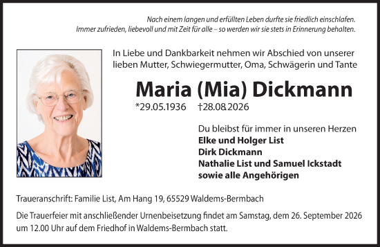 Traueranzeige von Maria Dickmann von Camberger Anzeiger