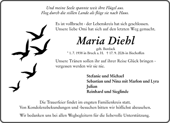 Traueranzeige von Maria Diehl von Wetzlarer Neue Zeitung
