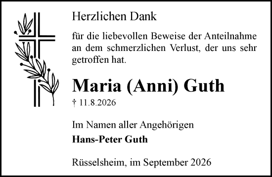 Traueranzeige von Maria Guth von Rüsselsheimer Echo