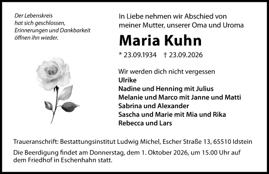 Traueranzeige von Maria Kuhn von Idsteiner Land/Untertaunus