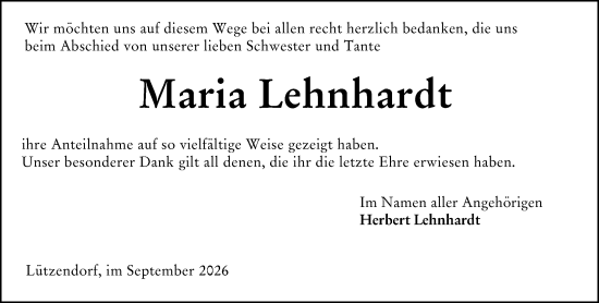 Traueranzeige von Maria Lehnhardt von Weilburger Tageblatt