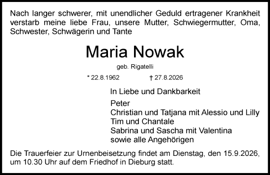 Traueranzeige von Maria Nowak von Dieburger Anzeiger/Groß-Zimmerner Lokal-Anzeiger