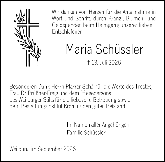Traueranzeige von Maria Schüssler von Weilburger Tageblatt