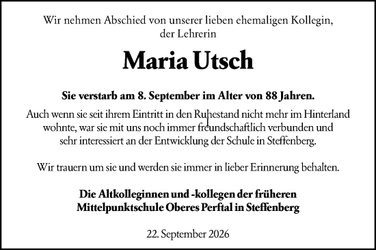 Traueranzeige von Maria Utsch von Hinterländer Anzeiger