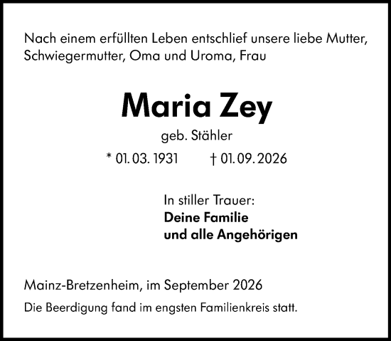 Traueranzeige von Maria Zey von Allgemeine Zeitung Mainz