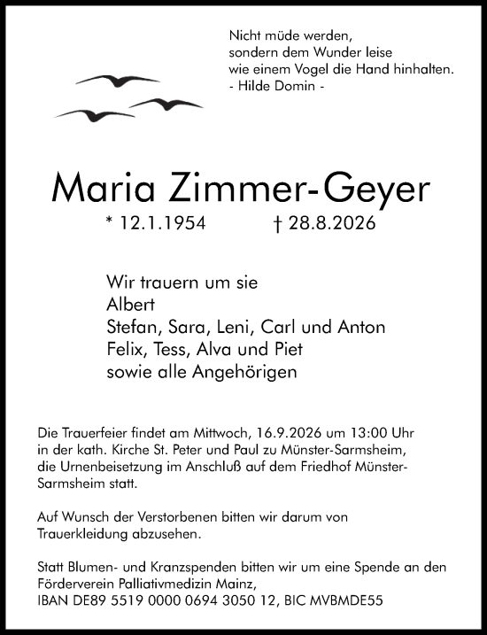 Traueranzeige von Maria Zimmer-Geyer von Allgemeine Zeitung Rheinhessen-Nahe