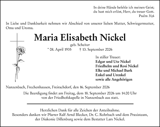 Traueranzeige von Maria Elisabeth Nickel von Dill Block