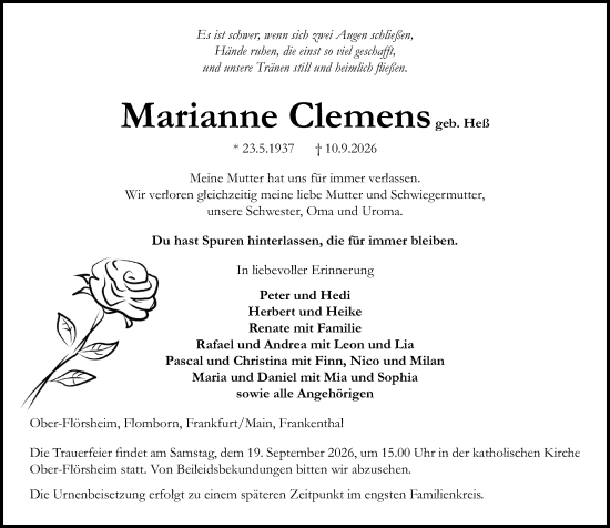 Traueranzeige von Marianne Clemens von Allgemeine Zeitung Alzey