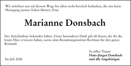 Traueranzeige von Marianne Donsbach von Dill Block
