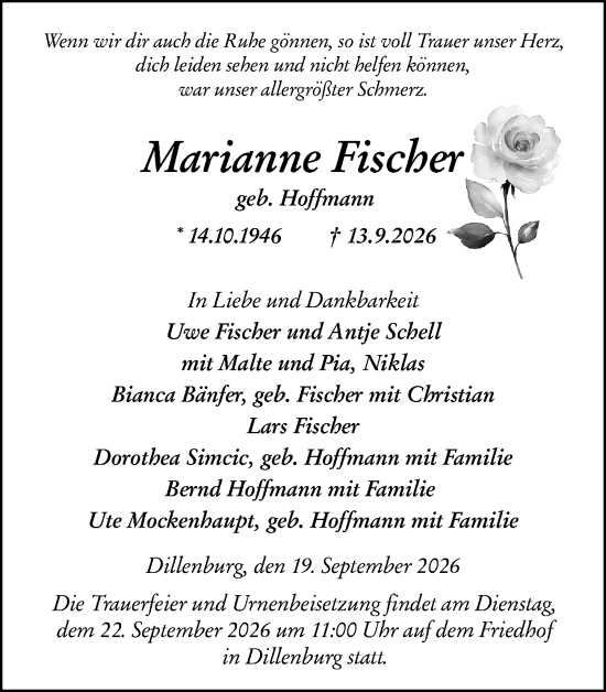 Traueranzeige von Marianne Fischer von Dill Block