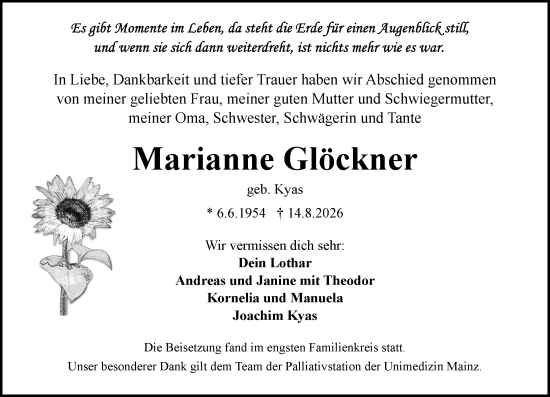 Traueranzeige von Marianne Glöckner von Allgemeine Zeitung Mainz