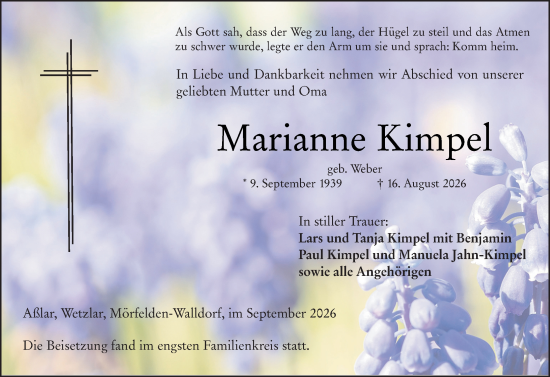 Traueranzeige von Marianne Kimpel von Wetzlarer Neue Zeitung