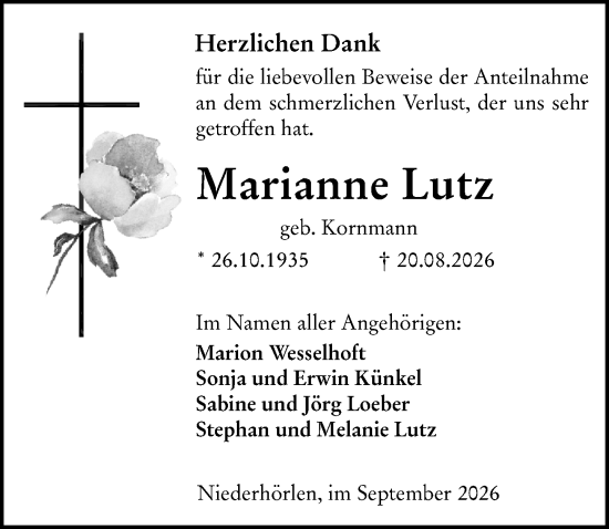 Traueranzeige von Marianne Lutz von Hinterländer Anzeiger