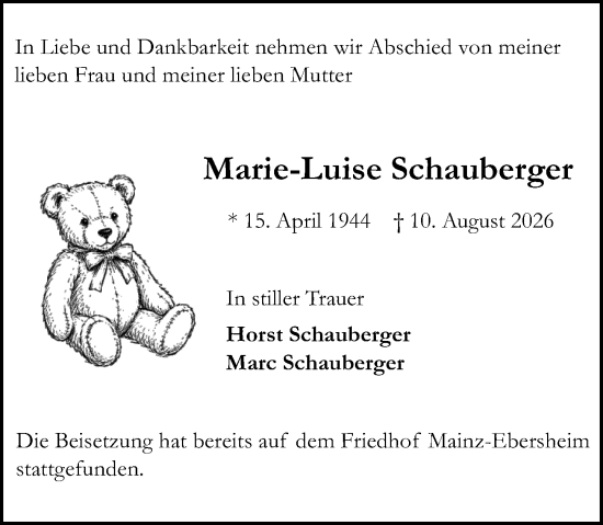Traueranzeige von Marie-Luise Schauberger von Allgemeine Zeitung Mainz