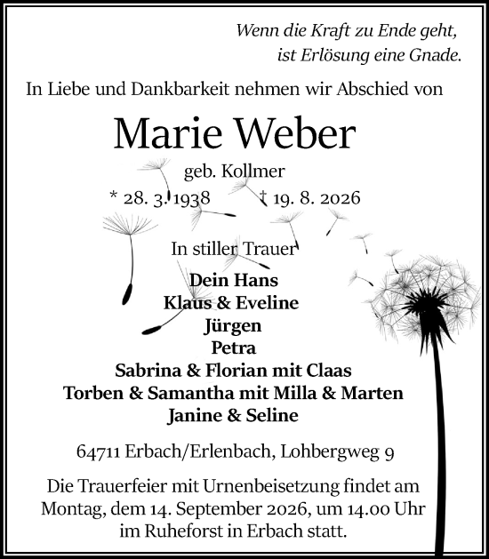 Traueranzeige von Marie Weber von Odenwälder Echo
