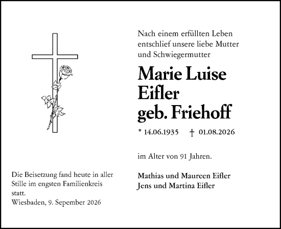 Traueranzeige von Marie Luise Eifler von Wiesbadener Kurier