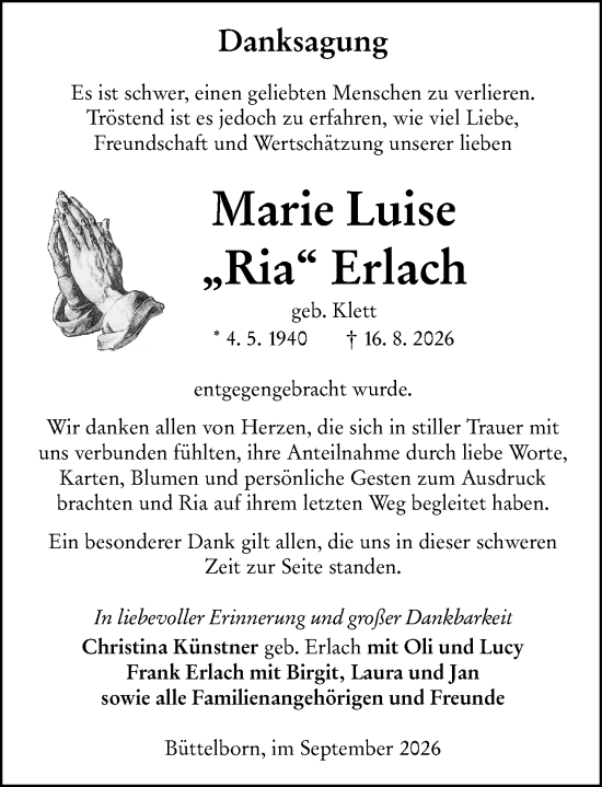 Traueranzeige von Marie Luise Erlach von Groß-Gerauer Echo