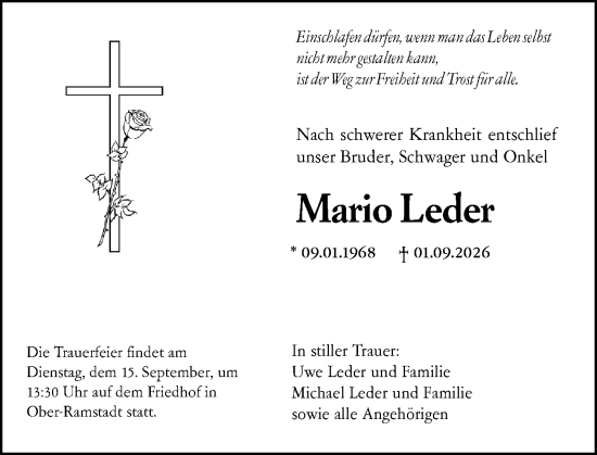 Traueranzeige von Mario Leder von Darmstädter Echo
