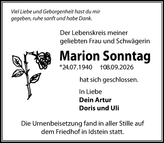 Traueranzeige von Marion Sonntag von Idsteiner Land/Untertaunus