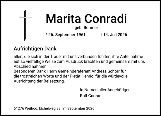 Traueranzeige von Marita Conradi von Camberger Anzeiger
