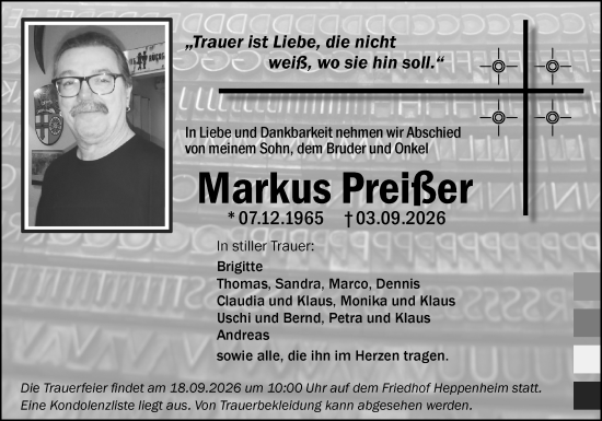 Traueranzeige von Markus Preißer von Starkenburger Echo