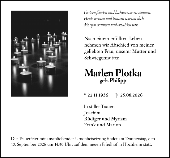 Traueranzeige von Marlen Plotka von Hochheimer Zeitung