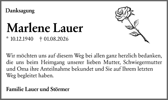 Traueranzeige von Marlene Lauer von Wetzlarer Neue Zeitung