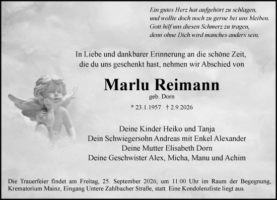 Traueranzeige von Marlu Reimann von Allgemeine Zeitung Mainz