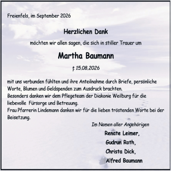 Traueranzeige von Martha Baumann von Weilburger Tageblatt