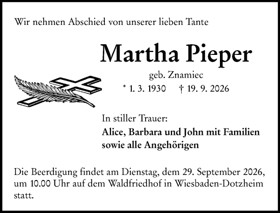 Traueranzeige von Martha Pieper von Wiesbadener Kurier