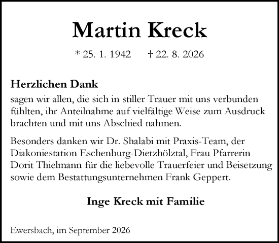 Traueranzeige von Martin Kreck von Dill Block
