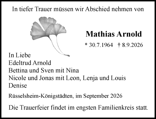 Traueranzeige von Mathias Arnold von Rüsselsheimer Echo