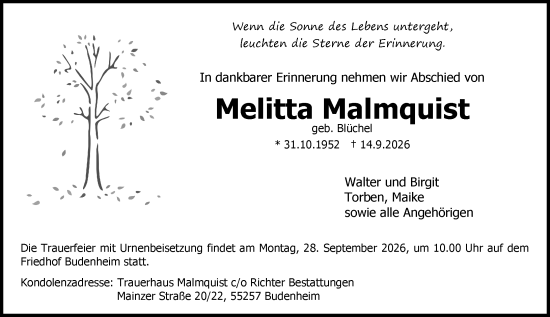 Traueranzeige von Melitta Malmquist von Allgemeine Zeitung Rheinhessen-Nahe