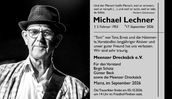 Traueranzeige von Michael Lechner von Allgemeine Zeitung Mainz
