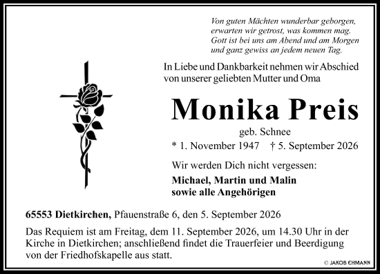 Traueranzeige von Monika Preis von Nassauische Neue Presse