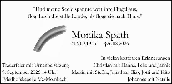Traueranzeige von Monika Späth von Allgemeine Zeitung Mainz