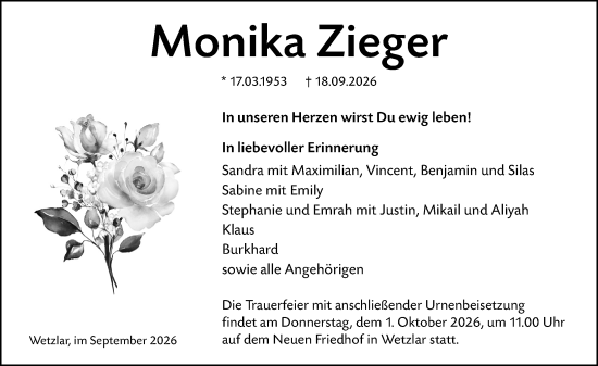 Traueranzeige von Monika Zieger von Wetzlarer Neue Zeitung