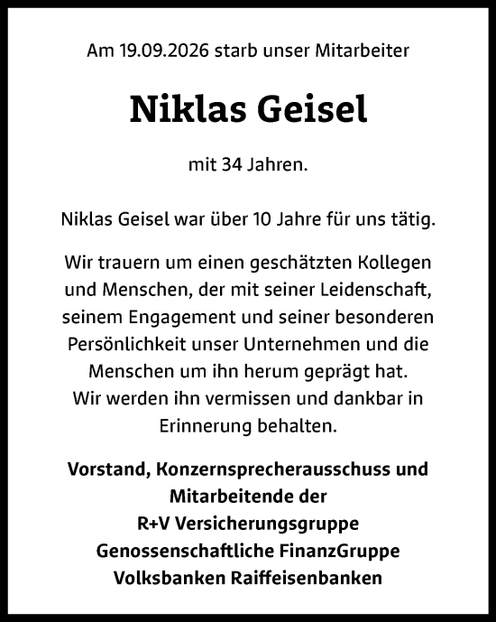 Traueranzeige von Niklas Geisel von Nassauische Neue Presse