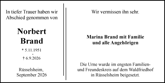 Traueranzeige von Norbert Brand von Rüsselsheimer Echo