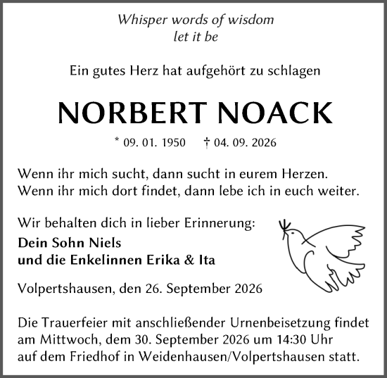 Traueranzeige von Norbert Noack von Wetzlarer Neue Zeitung