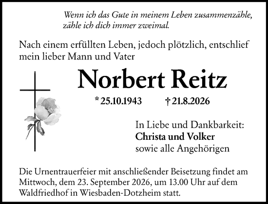 Traueranzeige von Norbert Reitz von Wiesbadener Kurier